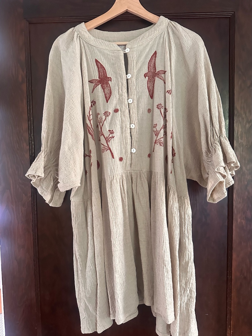 Boho Beige Hand stamp Button-Front Babydoll Dress